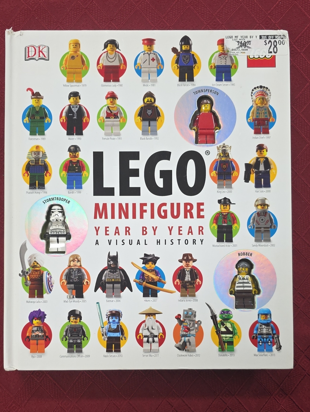 Lego Minifigure Year-by-Year Book Cover — White, Red, Black, Yellow, Blue, Green